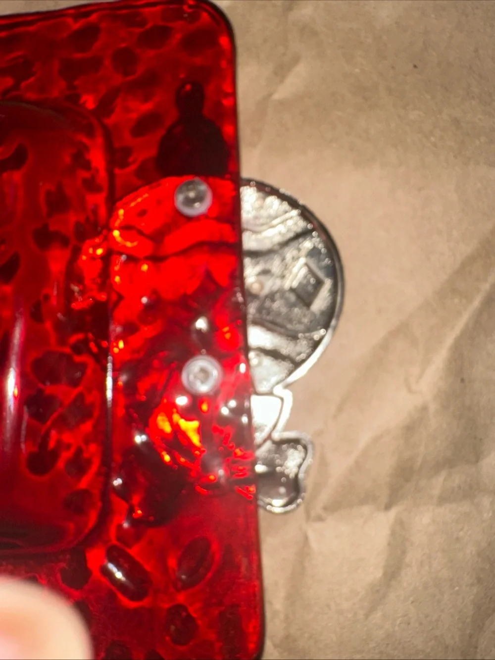 Red Glass Vanity Tray with Silver ornament Accent Handles Christmas